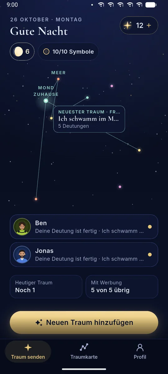 DreamBuddy-Startbildschirm: ein Himmel aus deinen Träumen, mit Sternbildern