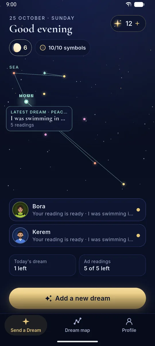 DreamBuddy home screen: a sky made of your dreams, with constellations