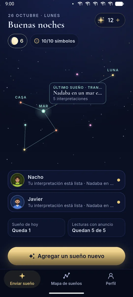 Pantalla de inicio de DreamBuddy: un cielo hecho de tus sueños, con constelaciones