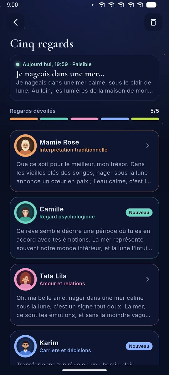 Un même rêve et les interprétations des cinq interprètes