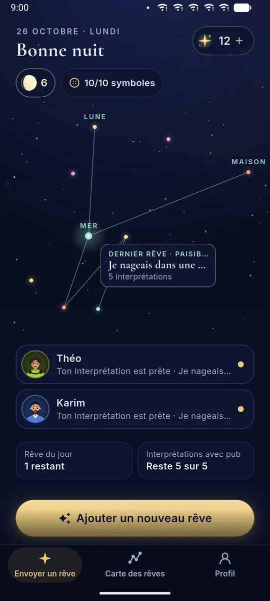 Écran d'accueil de DreamBuddy : un ciel fait de tes rêves, avec des constellations