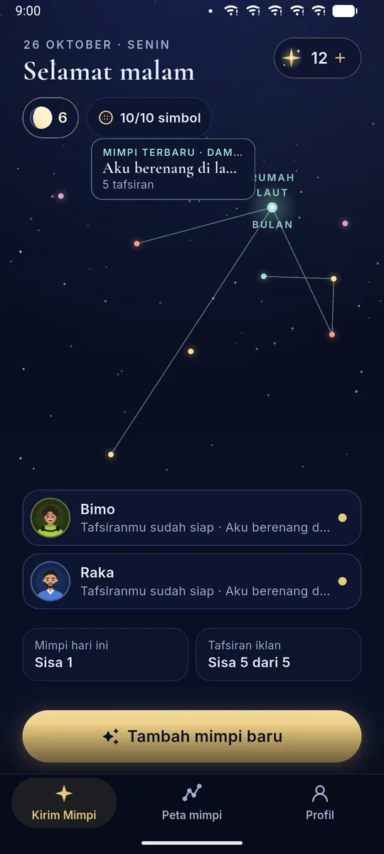 Layar beranda DreamBuddy: langit yang tersusun dari mimpi-mimpimu, lengkap dengan rasi bintang