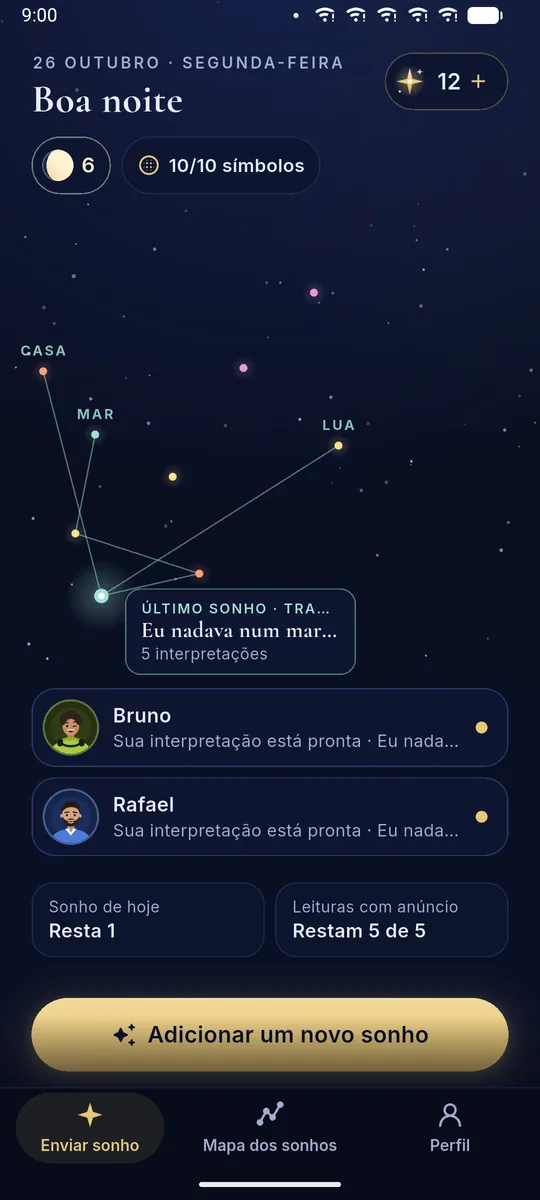Tela inicial do DreamBuddy: um céu feito dos seus sonhos, com constelações