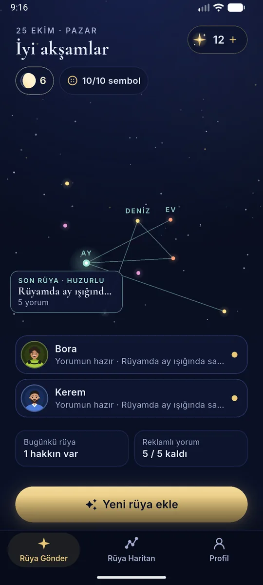 Rüyam ana ekranı: rüyalardan oluşan gökyüzü ve takımyıldızlar